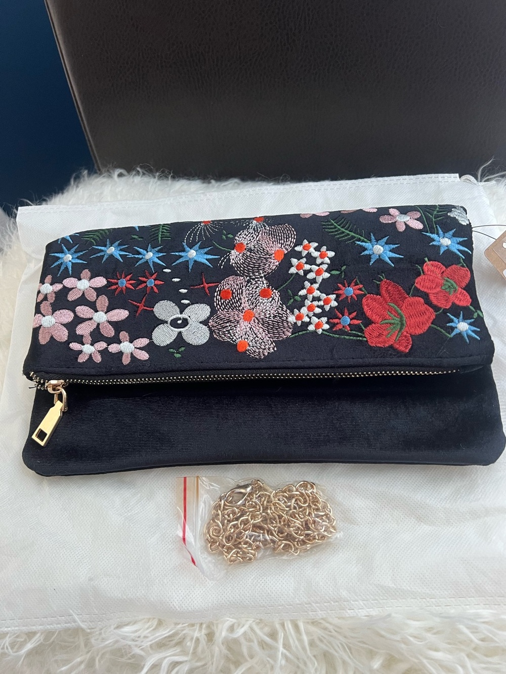 Embroidered Fold-Over Clutch Bag in Black